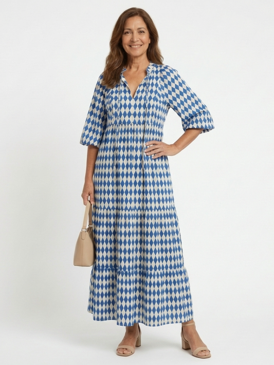 Elodie | Midi-Kleid mit Stufenrock und Rautenmuster