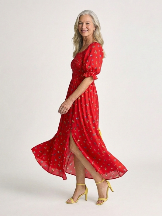 Delphine | Midi-Kleid mit eckigem Ausschnitt, floralem Muster und Puffärmeln