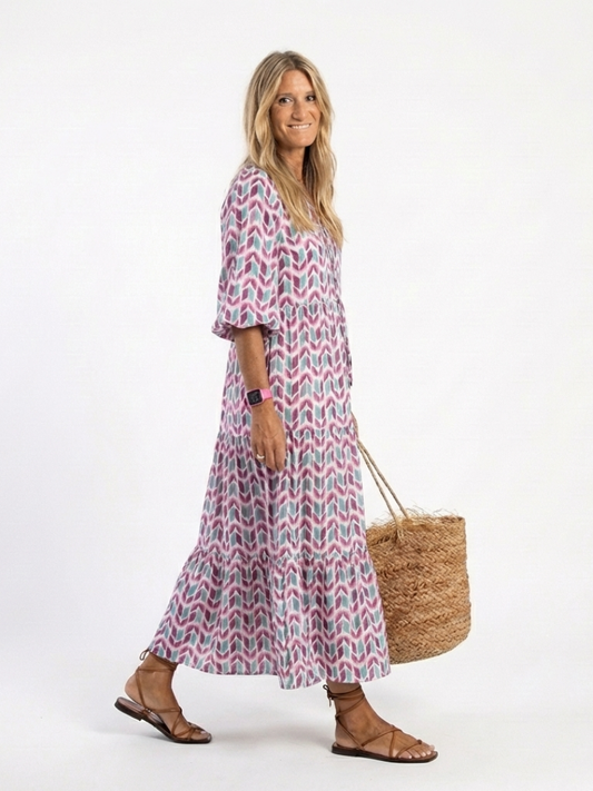 Mireya | Midi-Kleid mit geometrischem Druck und langen Ärmeln mit Stufen