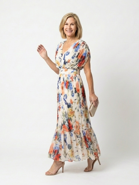 Savannah | Kurzärmeliges plissiertes Midi-Kleid mit Blumenmuster