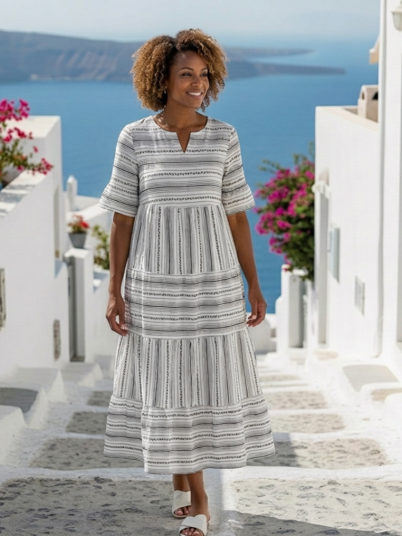 Parisa | Gestreiftes Stufen-Midikleid mit kurzen Ärmeln