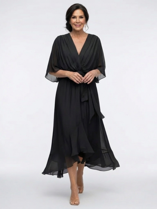 Elysia | V-Ausschnitt Midi-Kleid mit drapiertem Bindegürtel