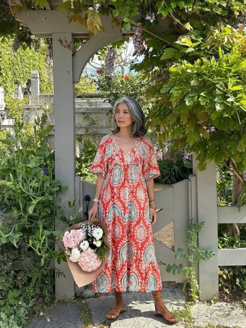 Zaria | Midi-Kleid mit V-Ausschnitt, kurzen Ärmeln und Paisley-Print