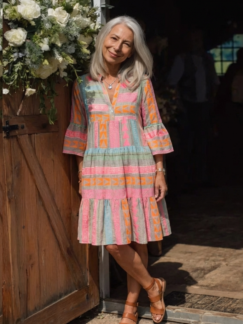 Maelle | Geometrisch gemustertes Kleid mit V-Ausschnitt und gestuftem Rock in Knielänge
