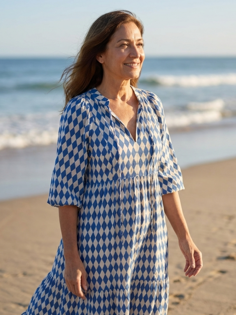 Elodie | Midi-Kleid mit Stufenrock und Rautenmuster