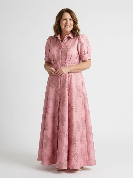 Xanthea | Maxi-Hemdblusenkleid mit kurzen Ärmeln, Gürtel und Blumenstruktur