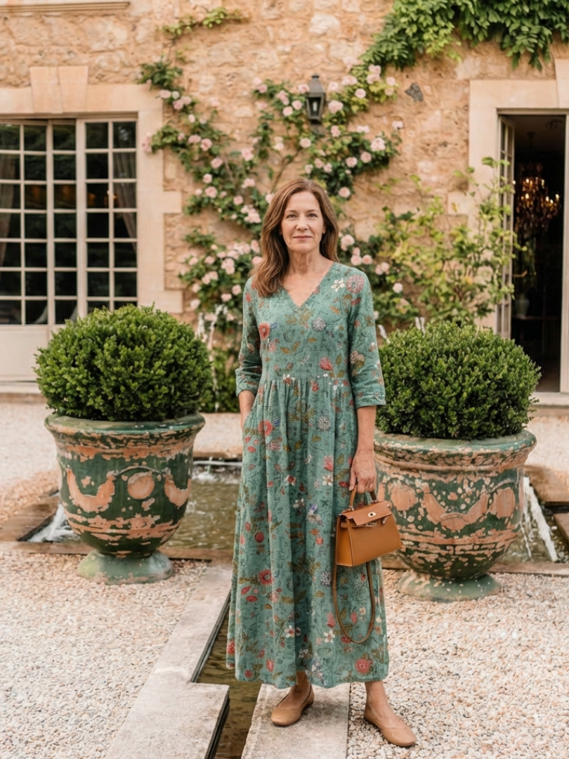 Marina | Geblümtes Maxikleid mit V-Ausschnitt und Dreiviertelärmeln