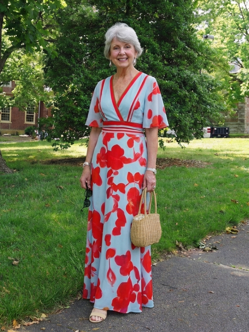 Corinne | V-Ausschnitt Kurzarm Geblümtes Maxikleid