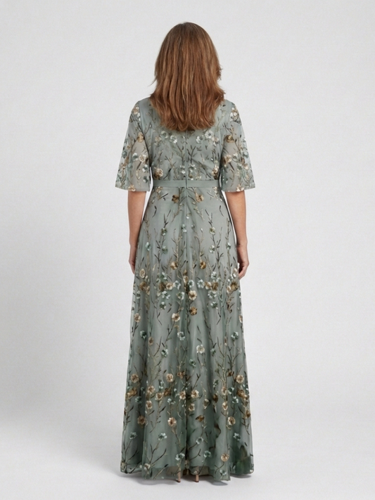 Isolde | Geblümtes Maxikleid mit V-Ausschnitt und Ellenbogenärmeln