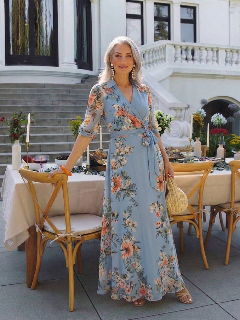 Elowen | Blumen-Wickelkleid mit V-Ausschnitt, Maxi-Länge