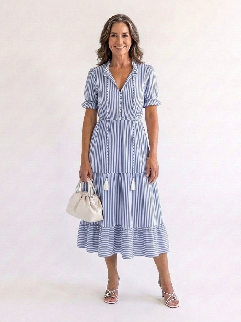 Dakota | Kurzärmeliges gestreiftes Stufen-Midikleid