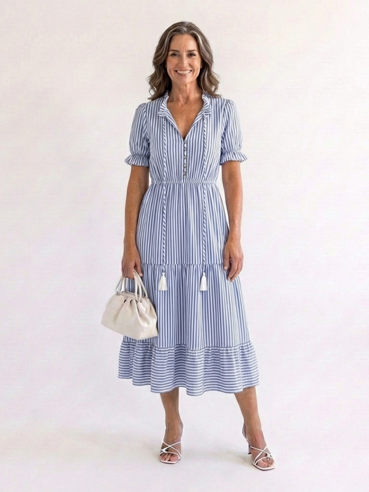 Dakota | Kurzärmeliges gestreiftes Stufen-Midikleid