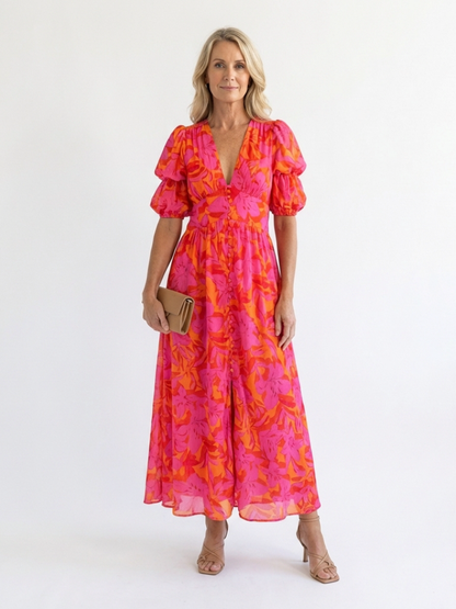 Willow | Geblümtes Midi-Kleid mit V-Ausschnitt und Puffärmeln