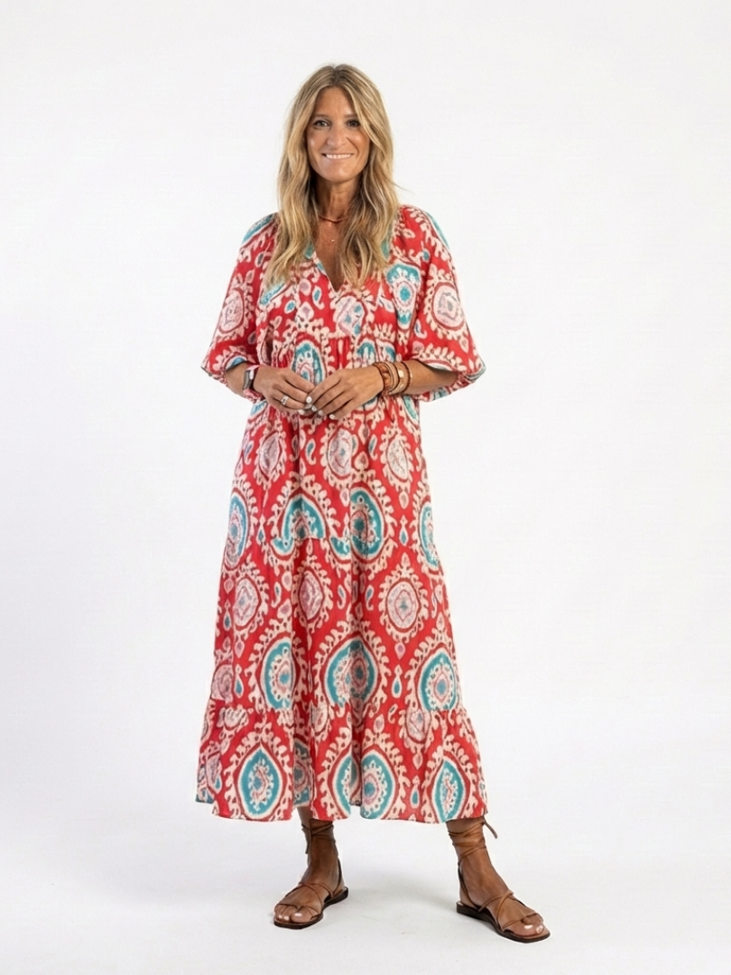 Zaria | Midi-Kleid mit V-Ausschnitt, kurzen Ärmeln und Paisley-Print