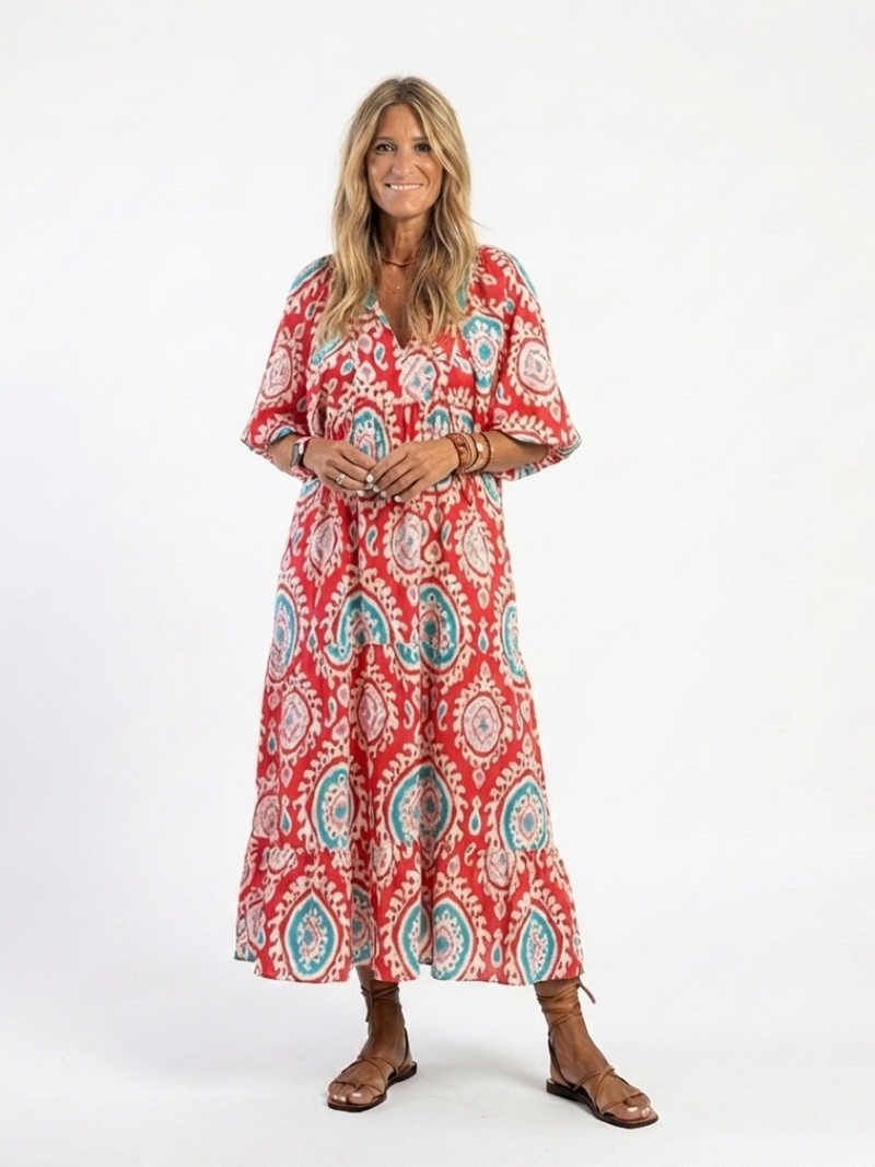 Zaria | Midi-Kleid mit V-Ausschnitt, kurzen Ärmeln und Paisley-Print