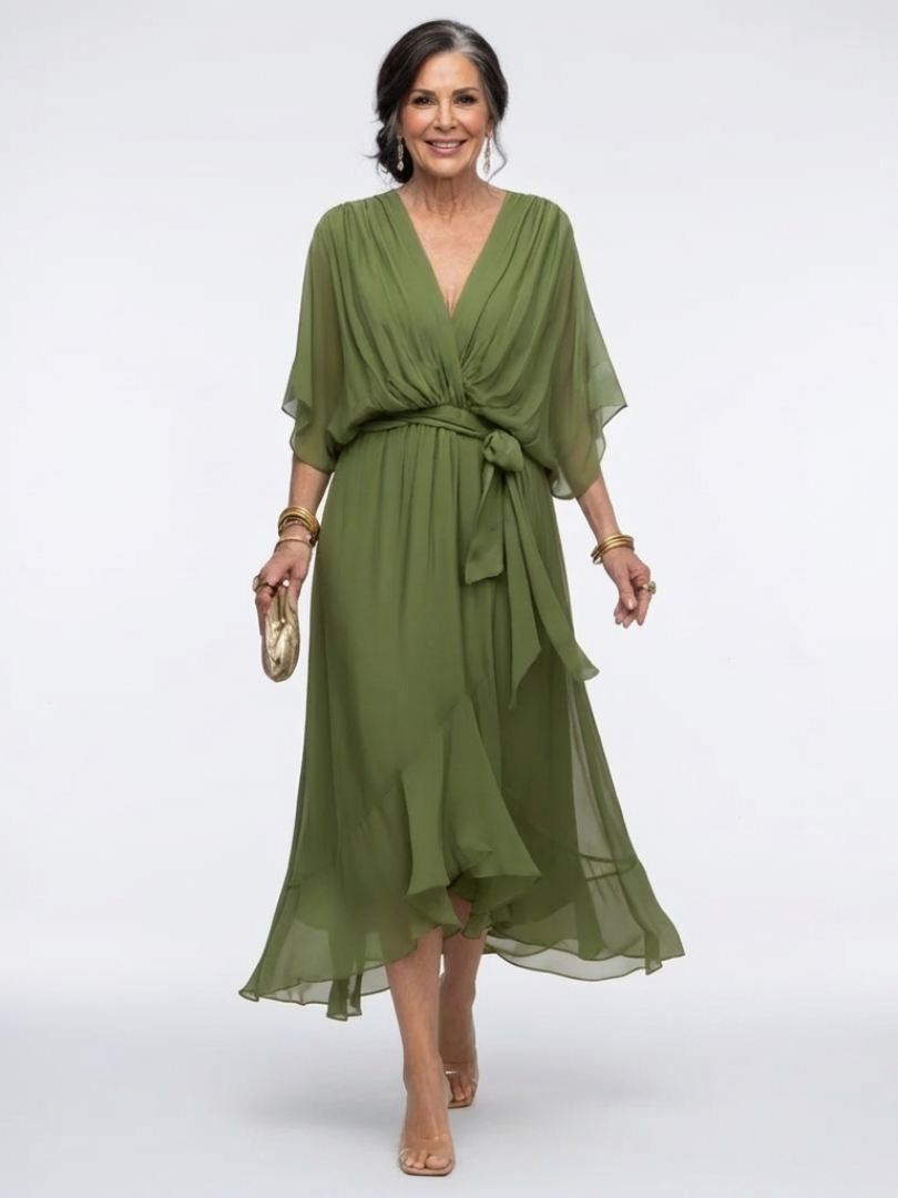 Elysia | V-Ausschnitt Midi-Kleid mit drapiertem Bindegürtel