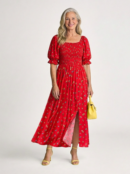 Delphine | Midi-Kleid mit eckigem Ausschnitt, floralem Muster und Puffärmeln