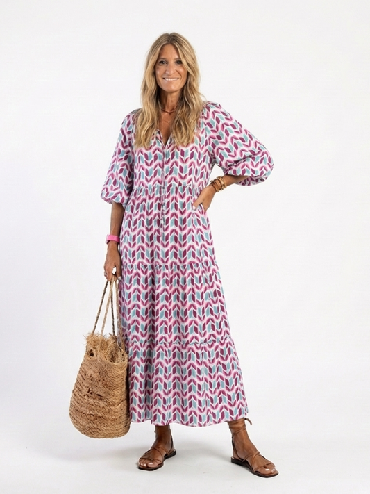 Mireya | Midi-Kleid mit geometrischem Druck und langen Ärmeln mit Stufen