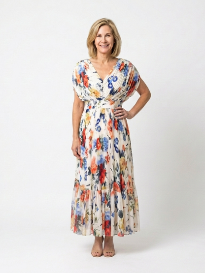 Savannah | Kurzärmeliges plissiertes Midi-Kleid mit Blumenmuster