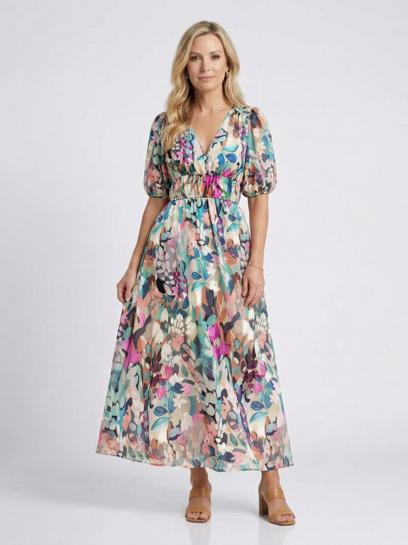 Eulalie | V-Ausschnitt, kurze Ärmel, geraffte Taille, Midikleid