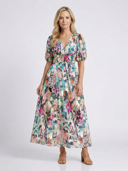 Eulalie | V-Ausschnitt, kurze Ärmel, geraffte Taille, Midikleid
