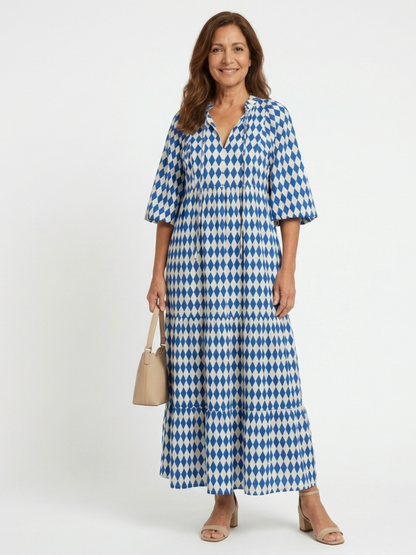 Elodie | Midi-Kleid mit Stufenrock und Rautenmuster