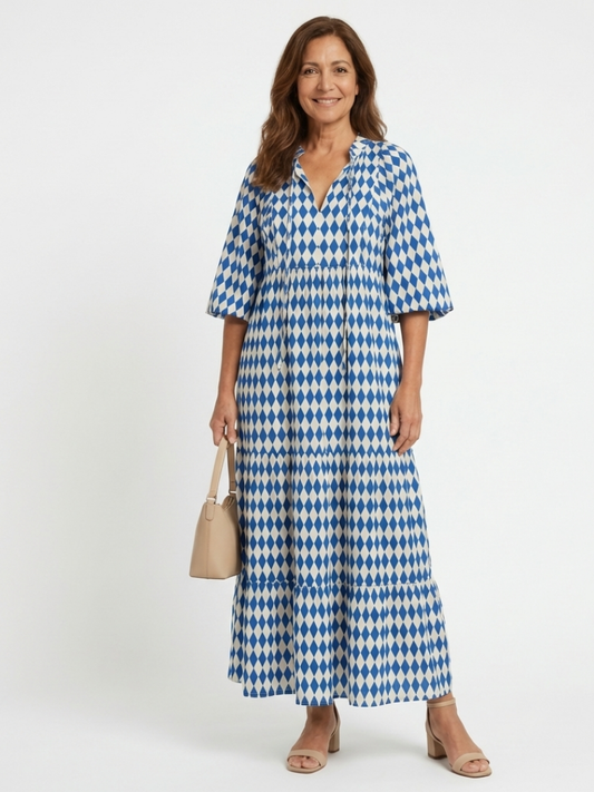 Elodie | Midi-Kleid mit Stufenrock und Rautenmuster