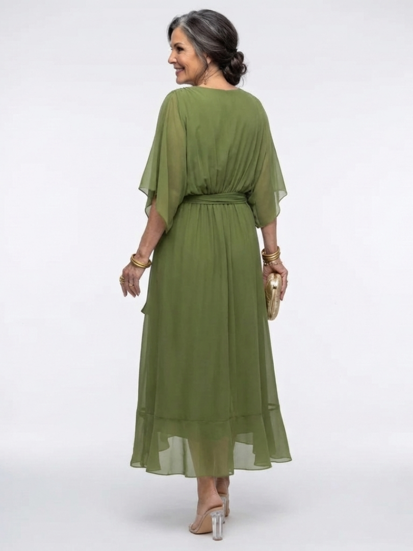 Elysia | V-Ausschnitt Midi-Kleid mit drapiertem Bindegürtel