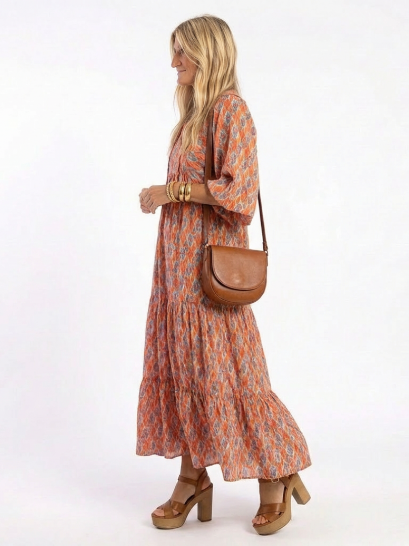 Amara | Geometrisches V-Ausschnitt Stufen Midikleid