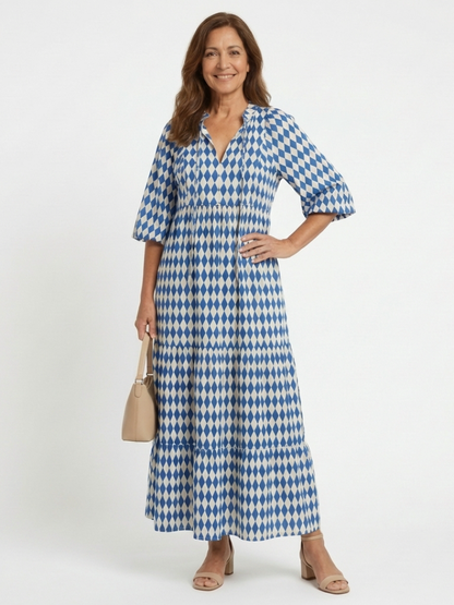 Elodie | Midi-Kleid mit Stufenrock und Rautenmuster