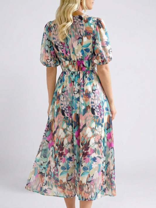 Eulalie | V-Ausschnitt, kurze Ärmel, geraffte Taille, Midikleid