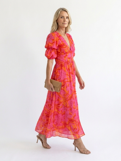 Willow | Geblümtes Midi-Kleid mit V-Ausschnitt und Puffärmeln