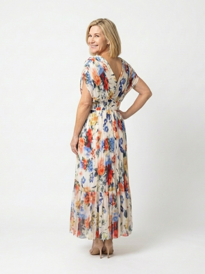 Savannah | Kurzärmeliges plissiertes Midi-Kleid mit Blumenmuster