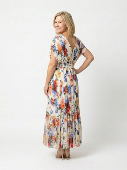 Savannah | Kurzärmeliges plissiertes Midi-Kleid mit Blumenmuster