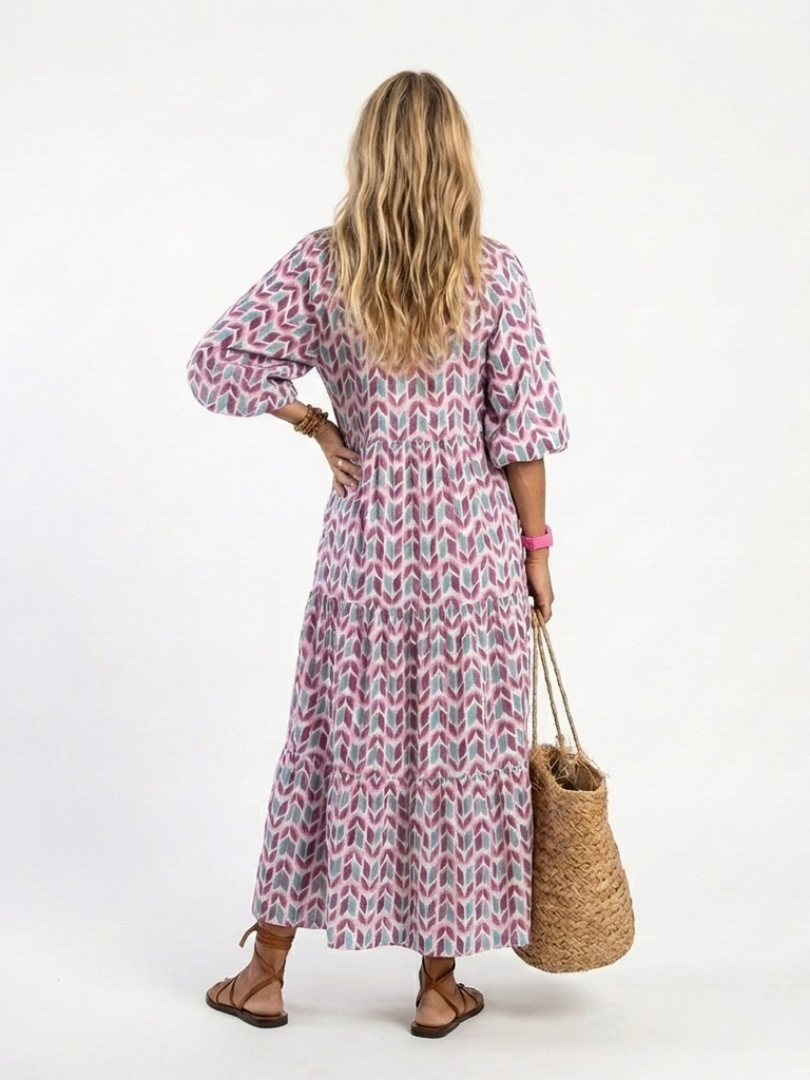 Mireya | Midi-Kleid mit geometrischem Druck und langen Ärmeln mit Stufen