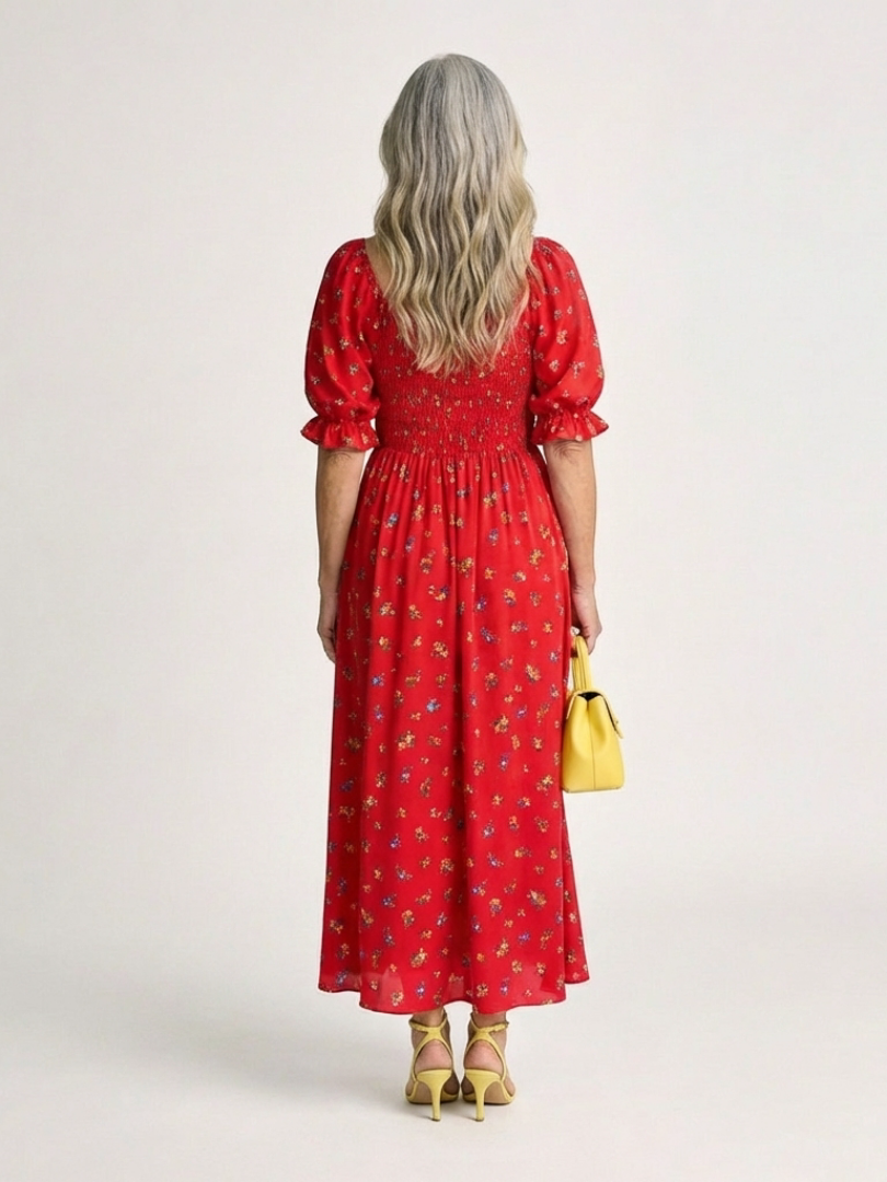 Delphine | Midi-Kleid mit eckigem Ausschnitt, floralem Muster und Puffärmeln
