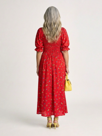 Delphine | Midi-Kleid mit eckigem Ausschnitt, floralem Muster und Puffärmeln