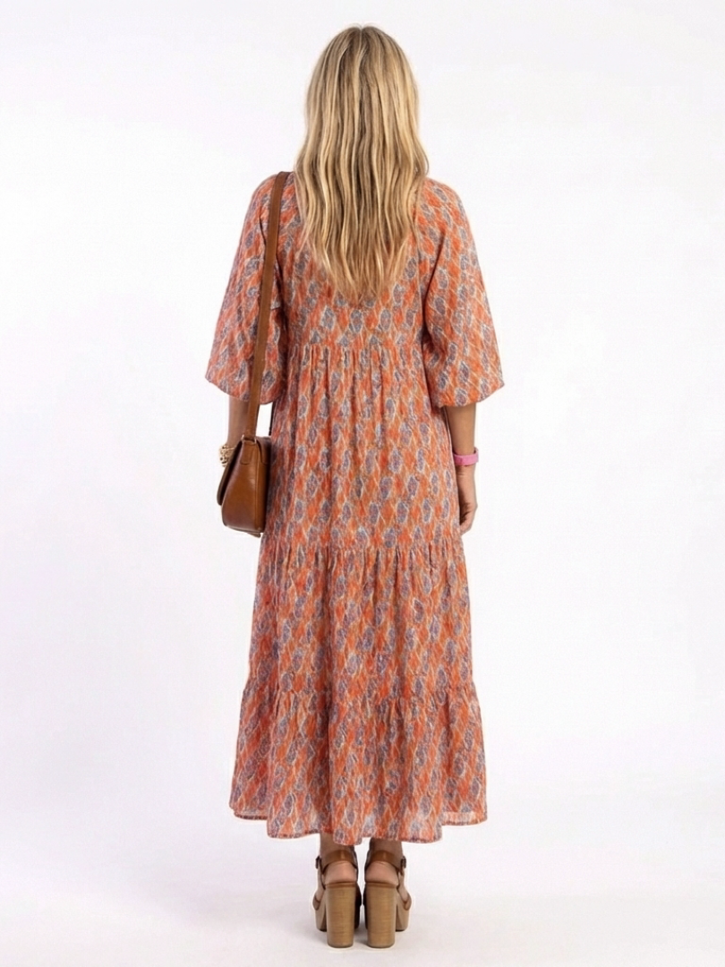 Amara | Geometrisches V-Ausschnitt Stufen Midikleid