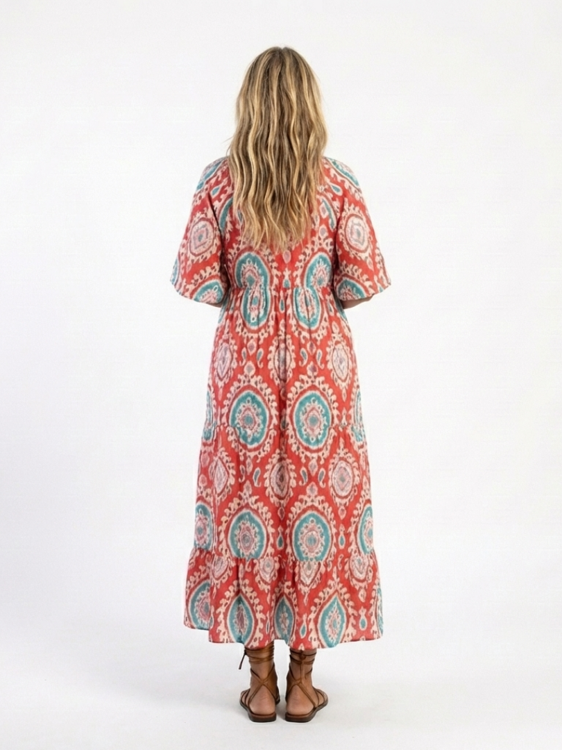 Zaria | Midi-Kleid mit V-Ausschnitt, kurzen Ärmeln und Paisley-Print