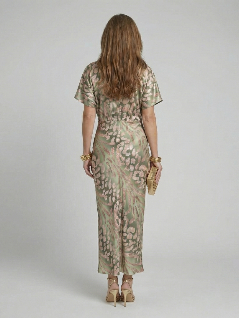 Coralie | Abstrakt bedrucktes Midi-Kleid mit V-Ausschnitt und Taillen-Twist