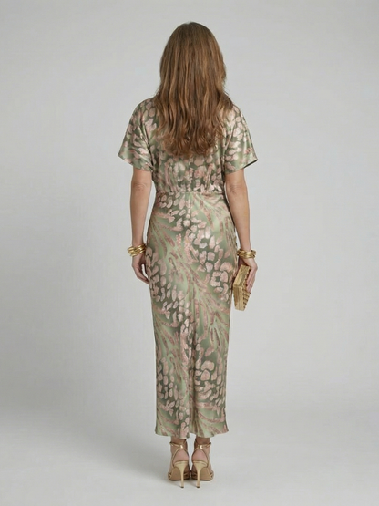 Coralie | Abstrakt bedrucktes Midi-Kleid mit V-Ausschnitt und Taillen-Twist