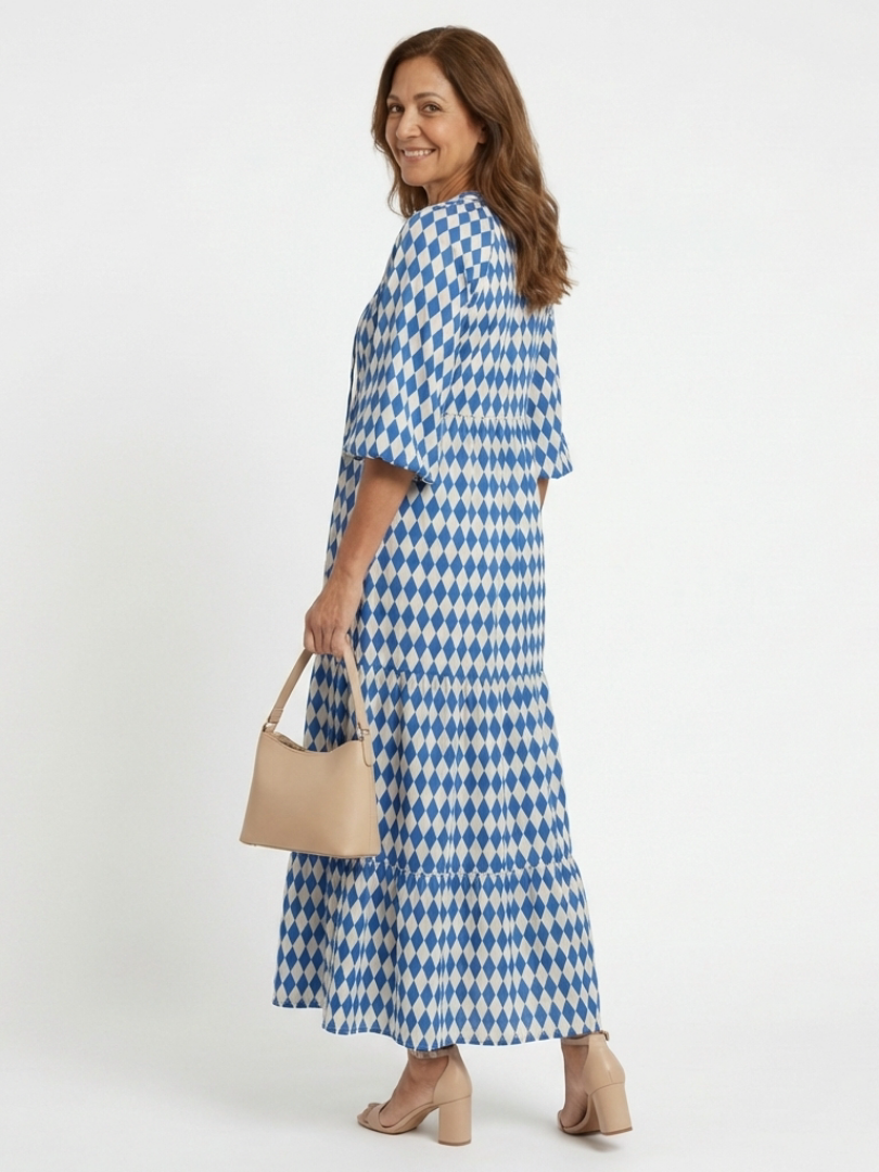 Elodie | Midi-Kleid mit Stufenrock und Rautenmuster