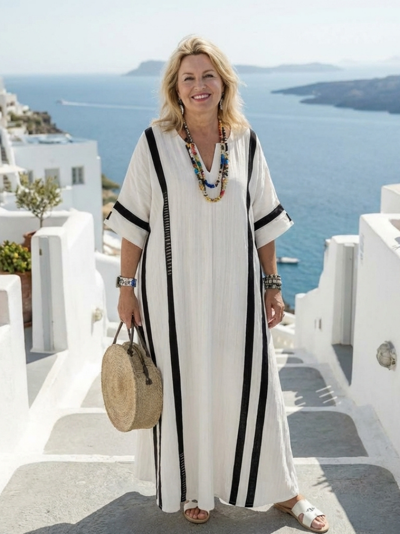 Elvienne | Gestreiftes Maxikleid mit kurzen Ärmeln und Farbblock