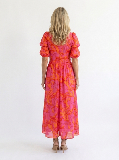 Willow | Geblümtes Midi-Kleid mit V-Ausschnitt und Puffärmeln