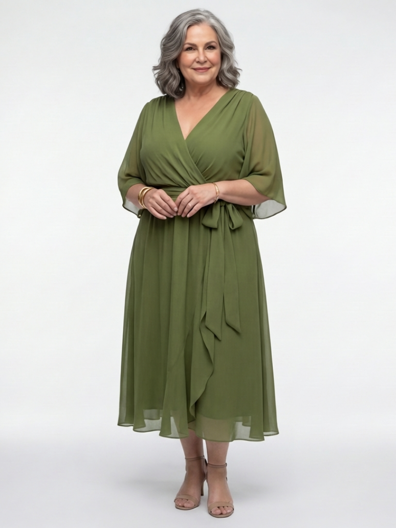 Elysia | V-Ausschnitt Midi-Kleid mit drapiertem Bindegürtel