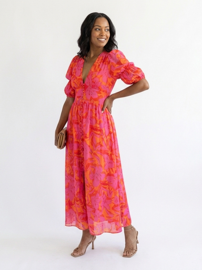 Willow | Geblümtes Midi-Kleid mit V-Ausschnitt und Puffärmeln