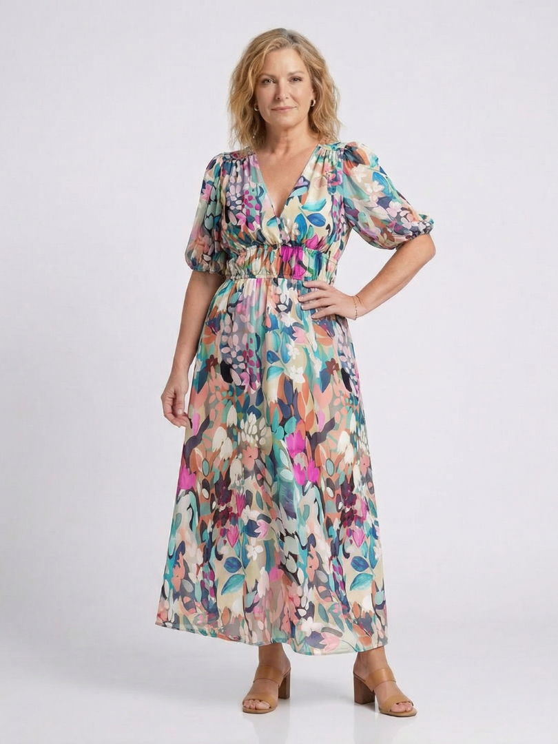 Eulalie | V-Ausschnitt, kurze Ärmel, geraffte Taille, Midikleid