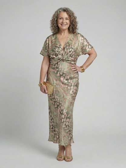 Coralie | Abstrakt bedrucktes Midi-Kleid mit V-Ausschnitt und Taillen-Twist