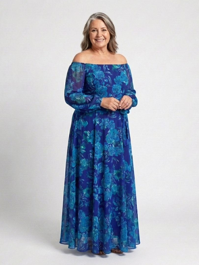 Aspen | Schulterfreies geblümtes Maxikleid