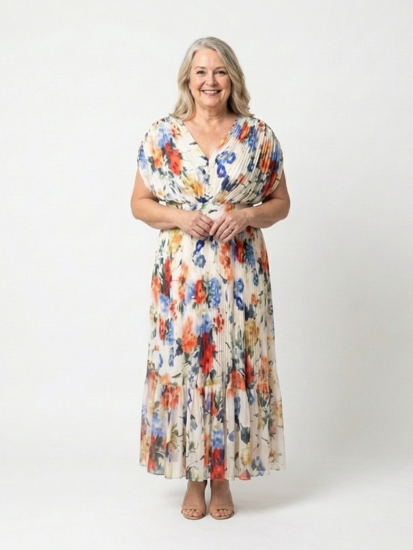 Savannah | Kurzärmeliges plissiertes Midi-Kleid mit Blumenmuster